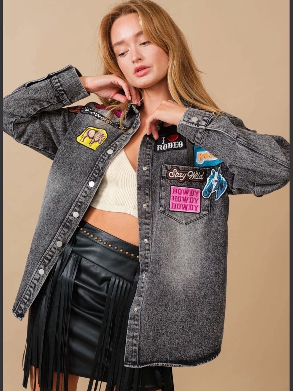 Blue B Washed Western Patchwork Denim Jacket - Size: Small Washed Black